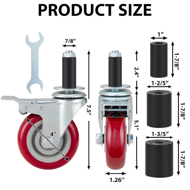 Finnhomy 4 Inch Prep Table Caster Wheels Set of 4 Heavy duty Expanding Stem Casters Fit 7/8", 1", 1-1/2" and 1-5/8" Tube Leg with Brake for Stainless Steel Furniture Legs, Worktable, Kitchen Workbench - Image 3